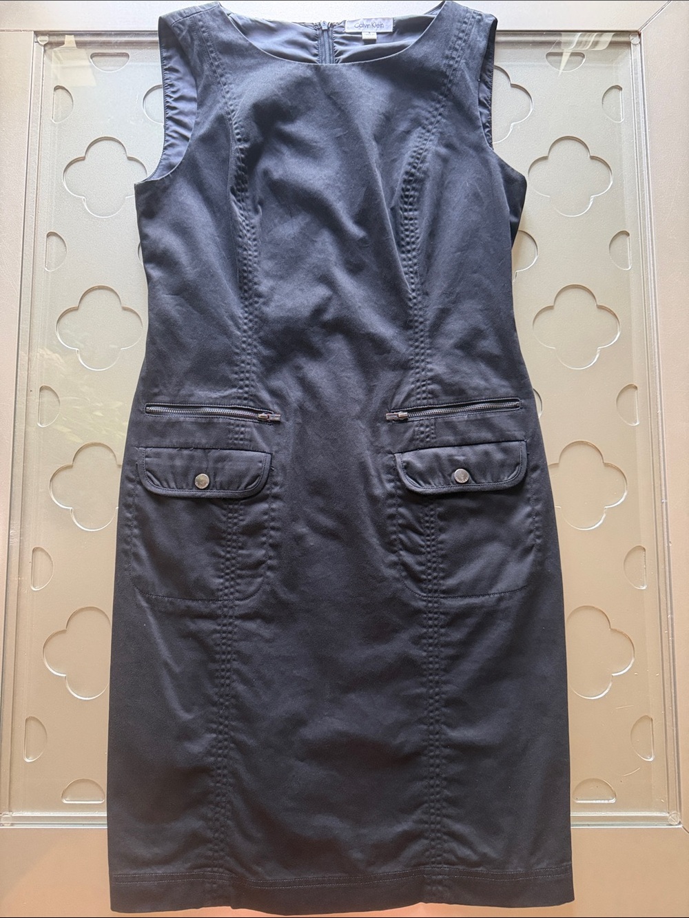 CALVIN KLEIN Black Sleeveless Sheath Dress Zip Pockets Size 6 - Picture 9 of 13